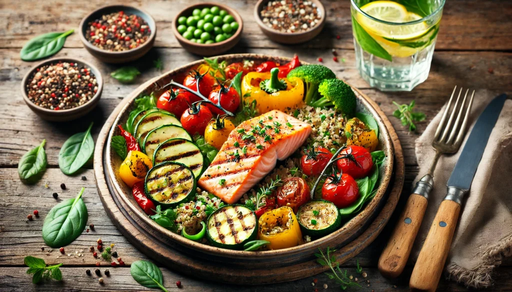 A beautifully plated heart-healthy meal featuring grilled salmon, quinoa, and a vibrant assortment of roasted vegetables like bell peppers, zucchini, and cherry tomatoes, garnished with fresh herbs.