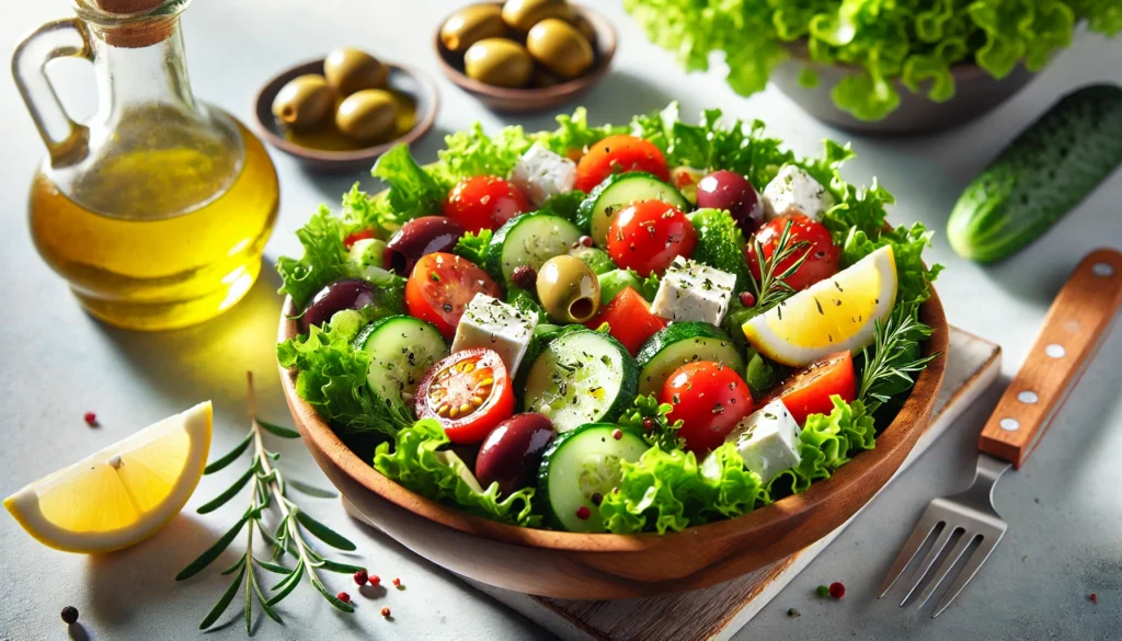 A fresh and colorful Mediterranean salad with leafy greens, cherry tomatoes, cucumbers, olives, and feta cheese, drizzled with olive oil and lemon dressing, served in a wooden bowl with bright natural lighting.