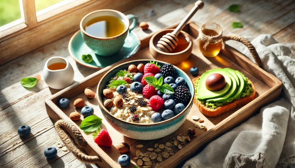A well-arranged breakfast including a bowl of oatmeal topped with fresh berries, nuts, and honey, accompanied by green tea and avocado toast on a wooden tray by a sunlit window.
