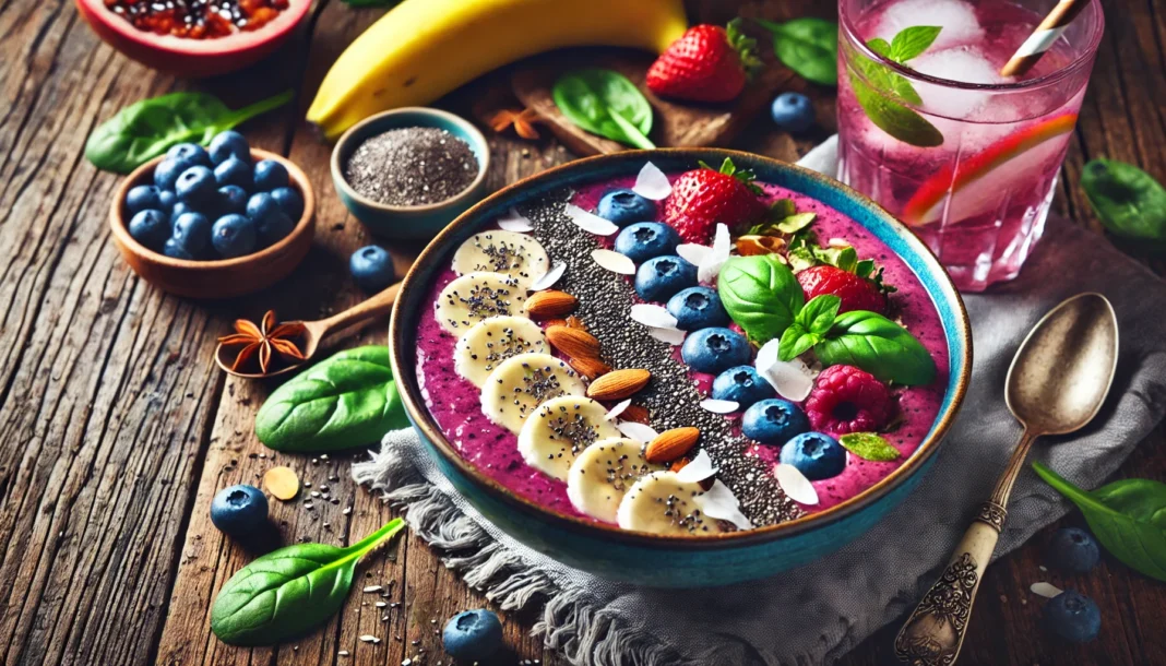 A vibrant smoothie bowl with blended blueberries, bananas, and spinach, topped with chia seeds, shredded coconut, and sliced almonds, placed on a rustic table with fresh fruit and infused water.