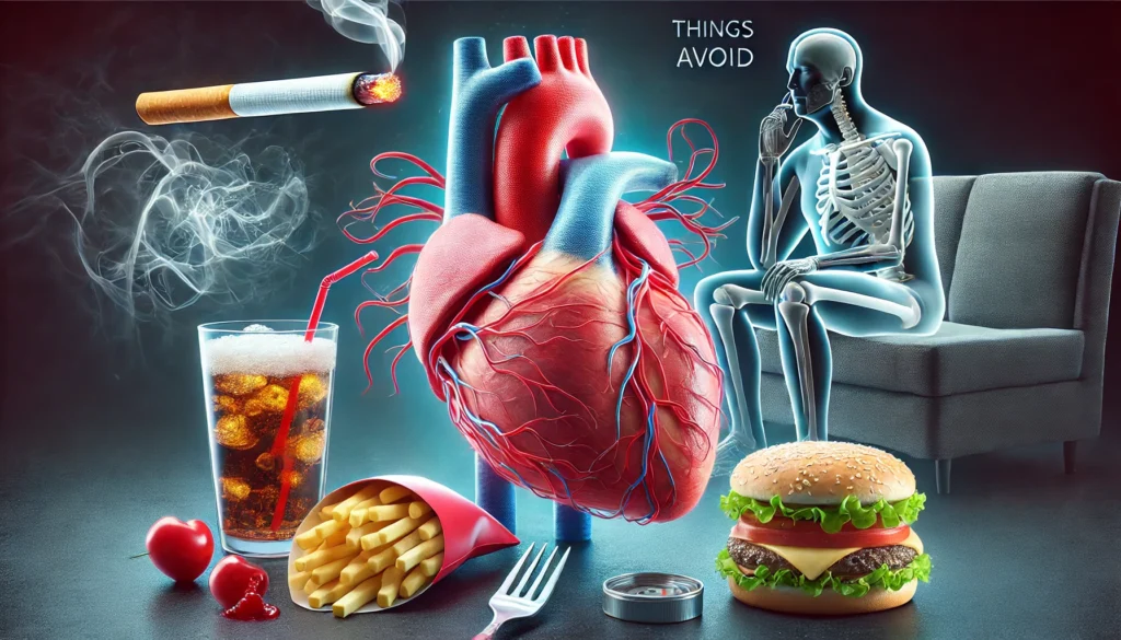 Medical illustration of a human heart with a stent inside an artery, surrounded by visual elements representing health risks—smoking, fast food, alcohol, and a sedentary lifestyle. The dark background highlights the dangers to cardiovascular health.