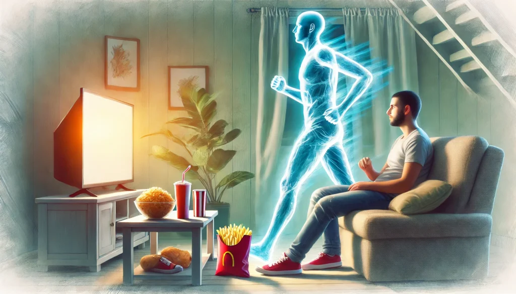 Artistic medical-themed illustration showing a person sitting on a couch watching TV with junk food nearby. Behind them, a translucent figure of a healthier self is jogging, symbolizing the contrast between a sedentary lifestyle and an active one for heart health recovery