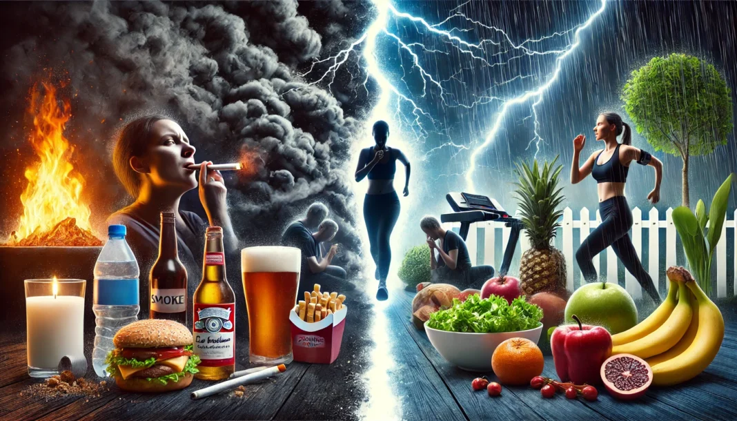A visually striking split-scene illustration contrasting unhealthy and healthy lifestyles after a stent procedure. One side depicts a person smoking, drinking alcohol, and eating junk food, surrounded by dark, stormy energy. The other side shows a bright, healthy environment where a person is eating fresh food, exercising, and meditating, symbolizing essential lifestyle changes for heart health recovery