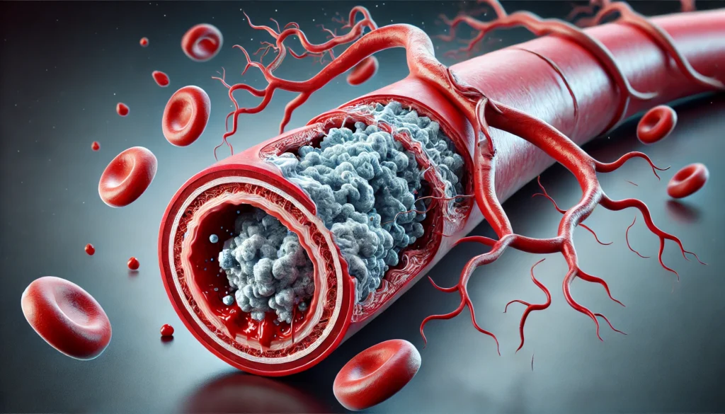 A 3D-rendered medical comparison of a healthy artery and a diseased artery affected by coronary artery disease, highlighting plaque buildup versus a clear artery for visual clarity.