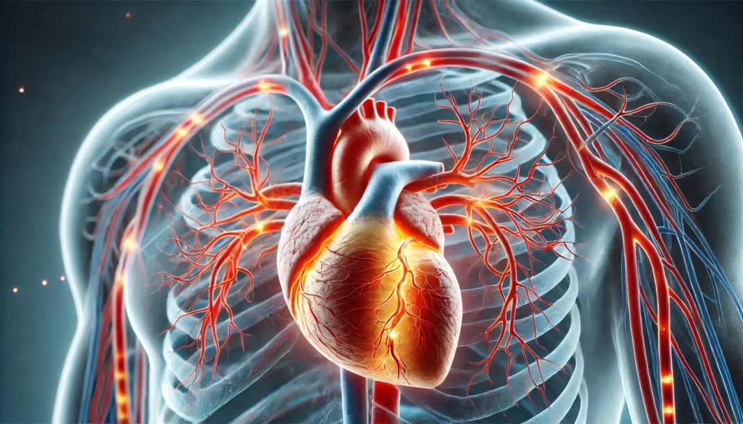 A medical illustration of a human heart with highlighted coronary arteries, showing areas affected by coronary artery disease with blood vessels displaying plaque buildup restricting blood flow.