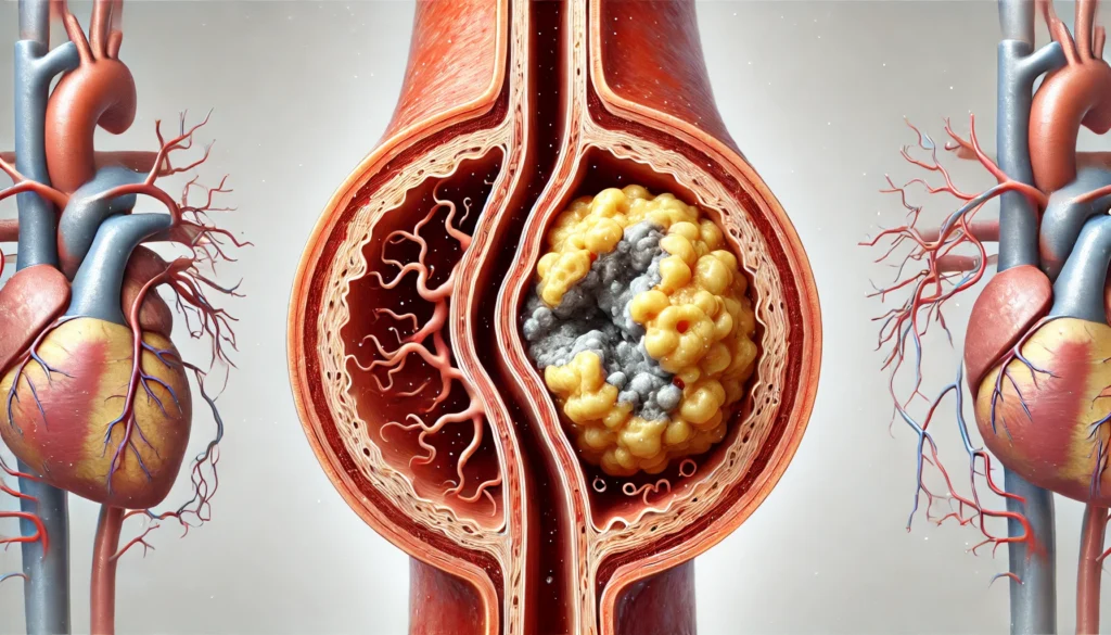 A cross-sectional medical illustration comparing a normal coronary artery with one affected by coronary artery disease, showing plaque buildup in the diseased artery while the normal artery remains clear.