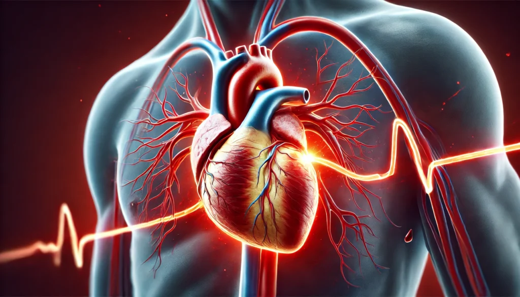 A realistic medical depiction of a heart attack caused by coronary artery disease, illustrating a blocked artery leading to reduced blood flow, with a highlighted section showing the affected heart muscle.