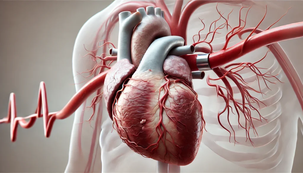 A heart with a nearly completely obstructed coronary artery, leading to significant tissue damage.