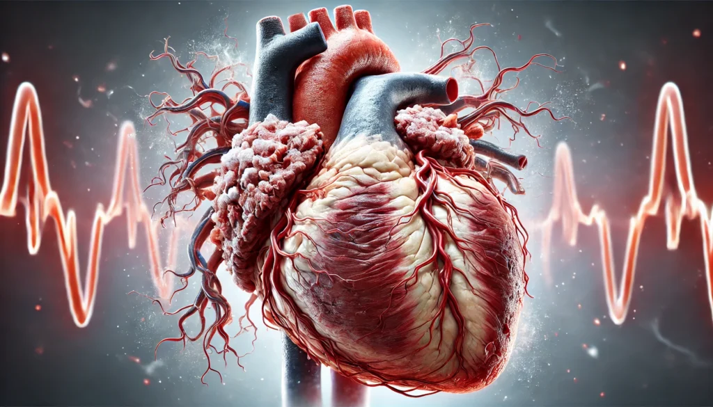 A fully blocked artery with extensive heart tissue damage and necrosis, highlighting the severity of a massive heart attack.