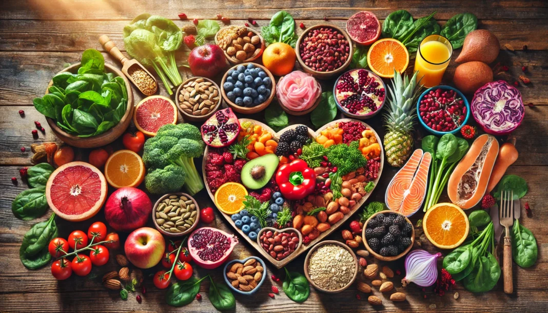 A vibrant assortment of heart-healthy foods arranged on a wooden table, including berries, pomegranates, leafy greens, nuts, whole grains, salmon, and beans, set in a rustic, nature-inspired setting.