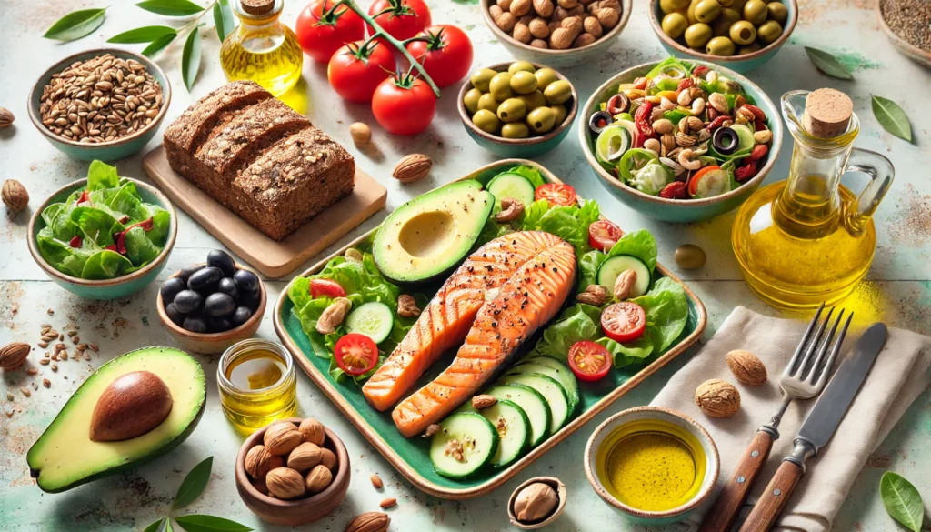 A Mediterranean-inspired meal featuring grilled salmon, avocado, olives, nuts, whole grain bread, and a colorful salad with tomatoes and cucumbers, set outdoors with bright natural lighting.