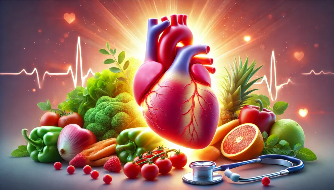 A realistic digital illustration of a glowing, healthy human heart surrounded by fresh fruits, vegetables, and a stethoscope, symbolizing heart disease prevention through a healthy lifestyle.