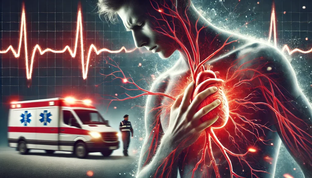 A dramatic digital painting of a person clutching their chest in pain, overlaid with narrowing arteries, depicting the onset of a heart attack, with an ambulance and ECG waveform in the background.