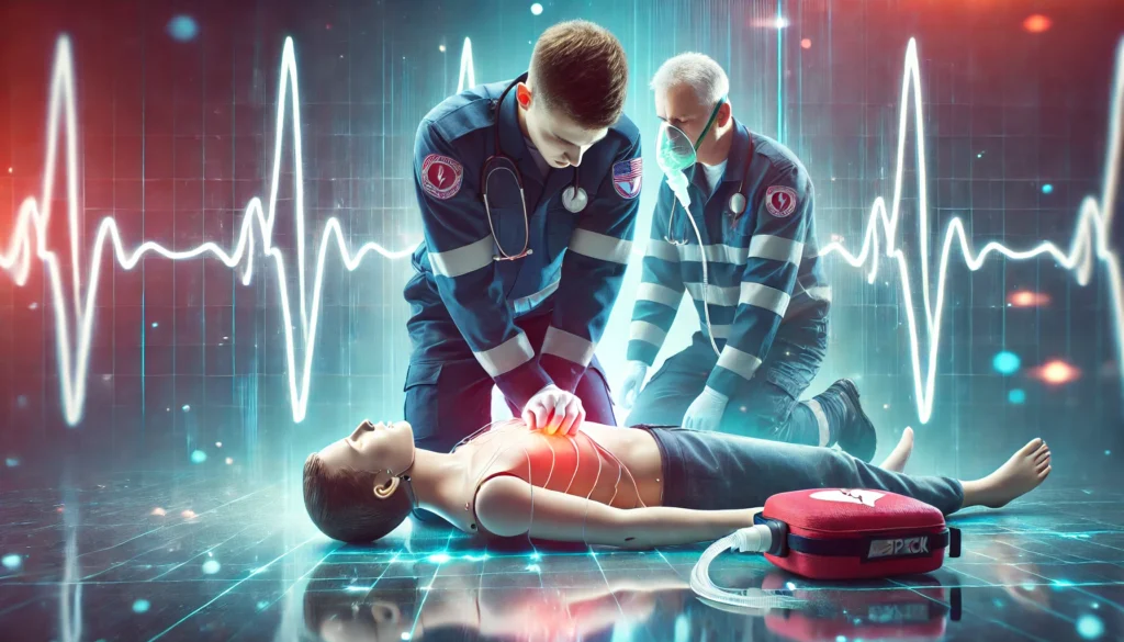 A medical emergency scene showing first responders performing CPR on a heart attack victim, using a defibrillator and oxygen mask, with a heartbeat monitor subtly integrated in the background.