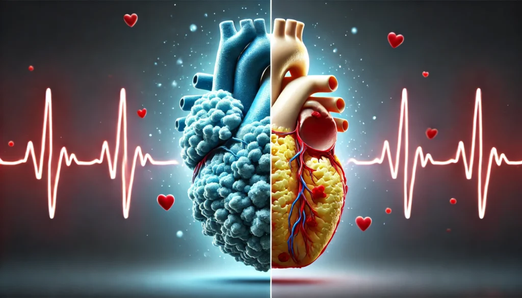 A conceptual digital illustration showing a split view of a human heart—one side clogged with plaque buildup and the other side healthy and clear—symbolizing the impact of lifestyle choices and medical interventions in preventing heart disease. The background features a subtle heartbeat waveform.