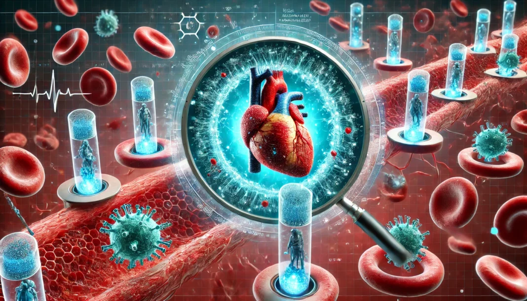 A futuristic concept of heart disease treatment using nanotechnology, showing tiny nanobots repairing damaged heart tissues at a microscopic level inside the human bloodstream, with a glowing digital heart representation in the background.