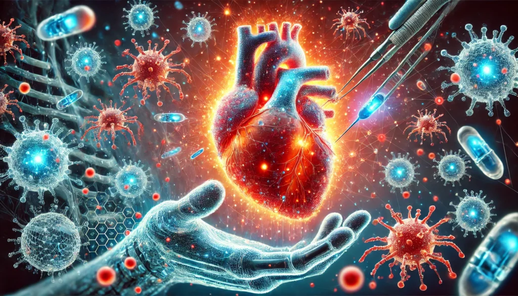 An artistic visualization of a human heart being repaired with glowing bio-gel and microscopic nanobots regenerating damaged tissue, symbolizing futuristic heart disease treatments.