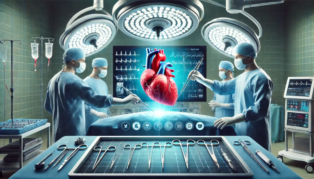 A team of doctors performing a cutting-edge heart surgery using robotic assistance in a modern operating room, with real-time heart monitoring displayed on digital screens.