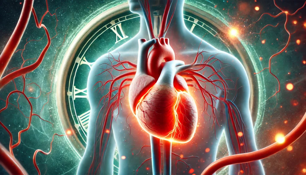 A conceptual digital painting of a human heart with partially blocked arteries glowing red, illustrating restricted blood flow due to coronary artery disease. A subtle clock motif in the background represents time and longevity.