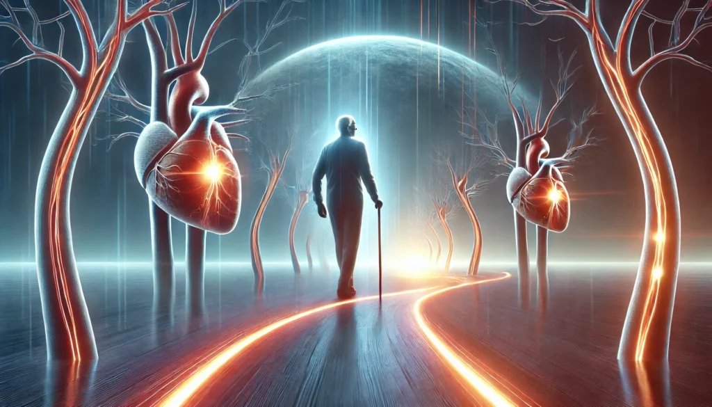 A hopeful depiction of longevity with coronary artery disease, featuring an elderly person walking on a glowing path of healthy veins. The background transitions from dark to light, symbolizing overcoming risks through treatment and lifestyle changes.