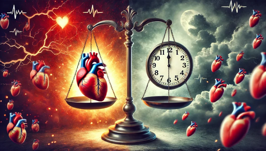 An artistic visualization of risk and survival with coronary artery disease. A balance scale holds a human heart on one side and a ticking clock on the other, representing the struggle between risk factors and longevity. A stormy-to-bright gradient background symbolizes uncertainty and hope.