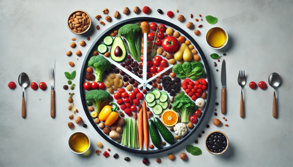 A clock made of fresh fruits, vegetables, nuts, and oils, symbolizing the urgency of healthy lifestyle changes.