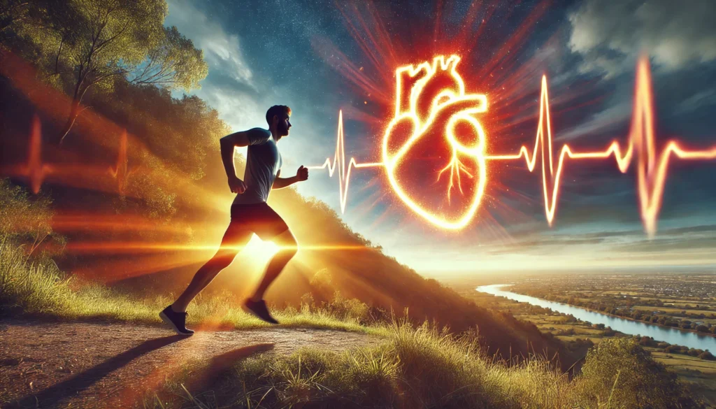 A person jogging through a scenic landscape with a glowing heart in the sky, emphasizing the role of physical activity.