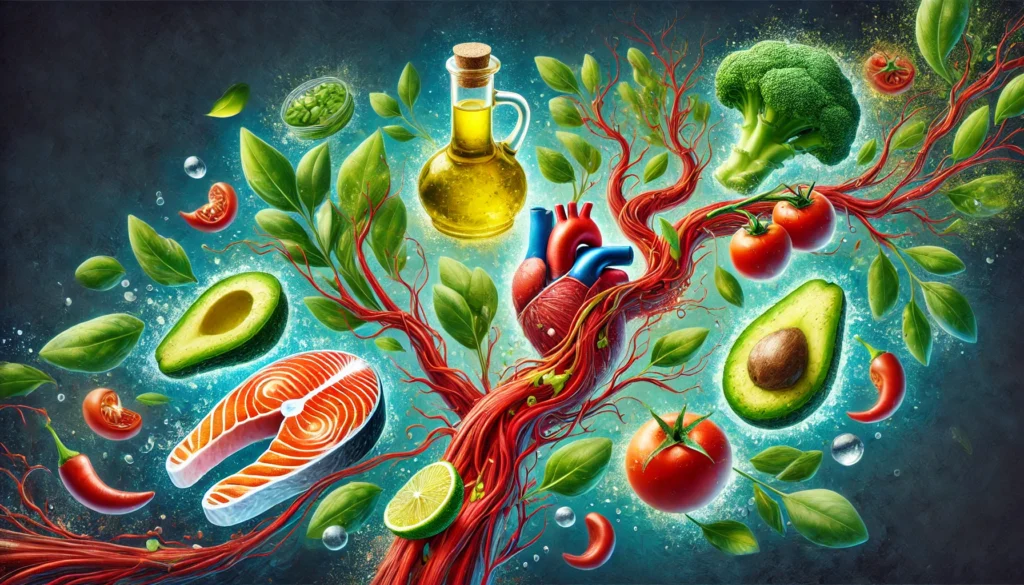 A visual of blood vessels clearing up due to healthy lifestyle choices, featuring olive oil, salmon, avocados, and leafy greens.