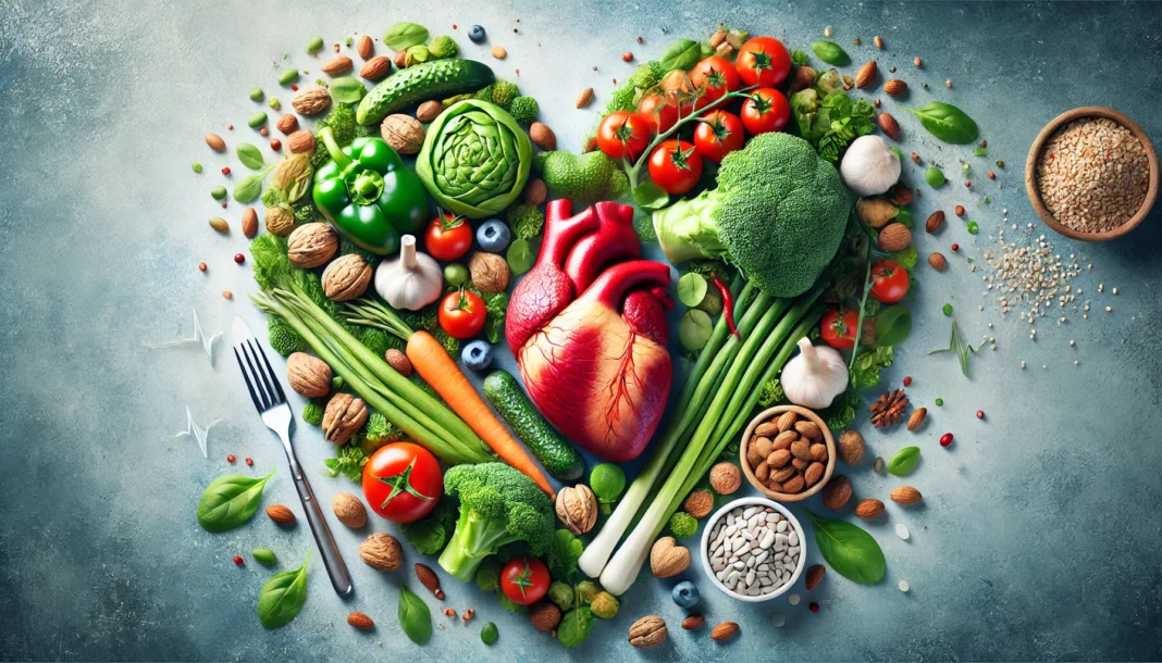 A heart surrounded by fresh vegetables, nuts, and whole grains, symbolizing a cholesterol-lowering diet