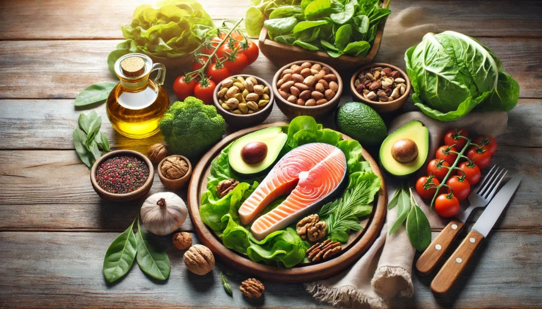 A vibrant spread of salmon, avocados, nuts, leafy greens, and olive oil on a wooden table.
