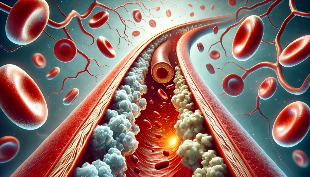 A conceptual image showing a narrowed artery with fatty deposits versus a clear, healthy artery.