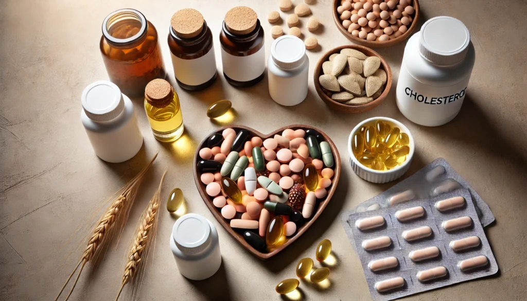 A neatly arranged collection of statins, omega-3 fish oil capsules, and plant sterols on a neutral background.