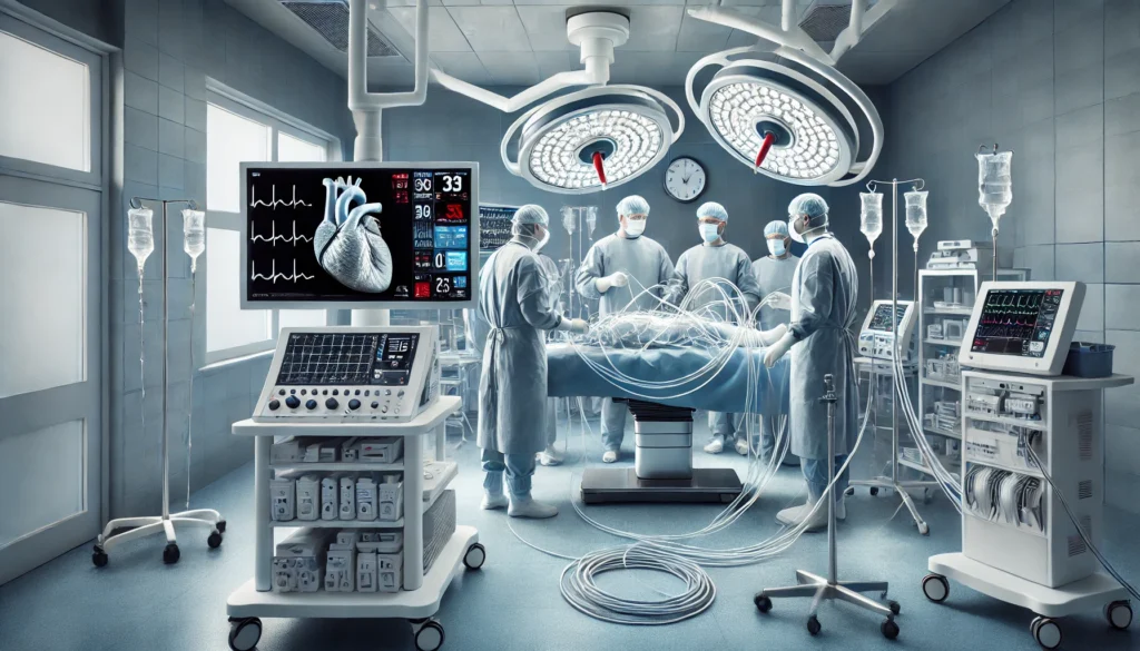 Surgeons performing heart stent surgery in a high-tech operating room with a live X-ray monitor.