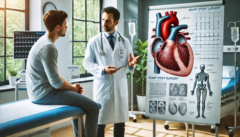 A hospital consultation room where a doctor is explaining heart stent surgery to a patient using a detailed anatomical diagram of the heart. The patient sits attentively on an examination table, listening to the doctor's explanation. The setting is well-lit and professional, creating a reassuring and informative atmosphere.
