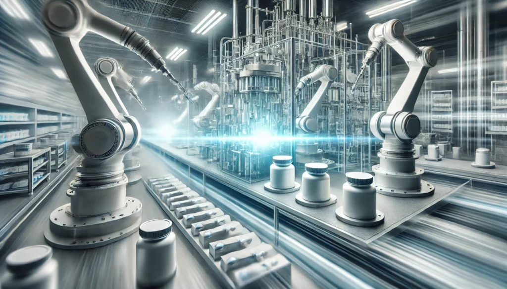 A high-tech pharmaceutical production facility where robotic arms rapidly manufacture and package life-saving drugs. The scene is illuminated with a sterile, futuristic glow, symbolizing efficiency and speed in drug development.