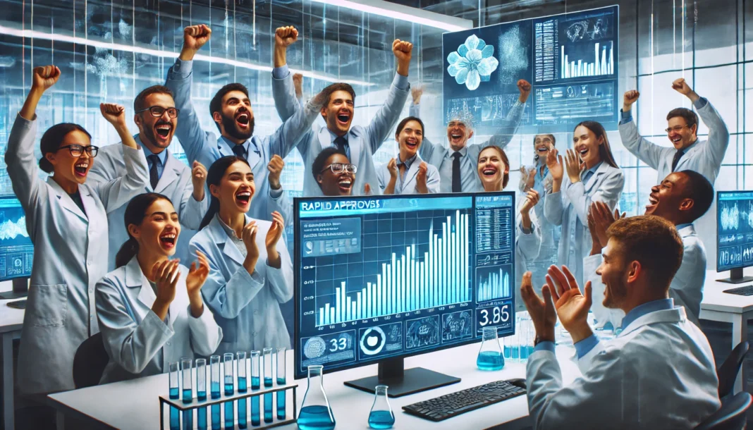 A diverse group of scientists in a research lab celebrating a major breakthrough in drug discovery. Large monitors display digital graphs showcasing the rapid approval process of a new treatment.