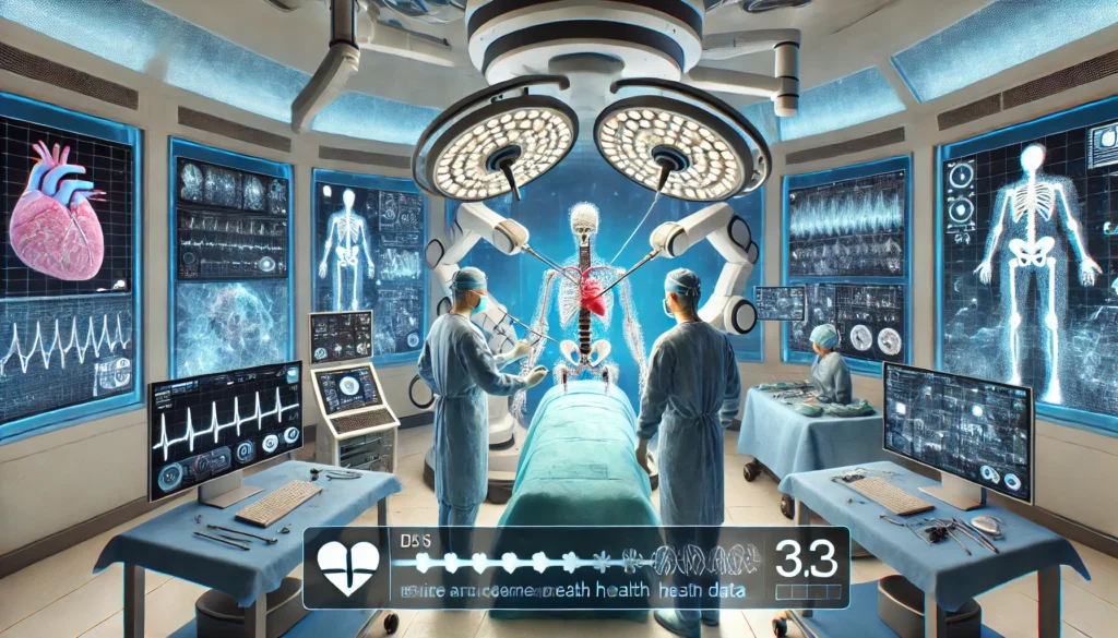 An advanced robotic surgery room where an AI-assisted robotic arm performs a precise procedure using breakthrough medical technology. Surgeons observe through augmented reality screens displaying real-time patient health data.