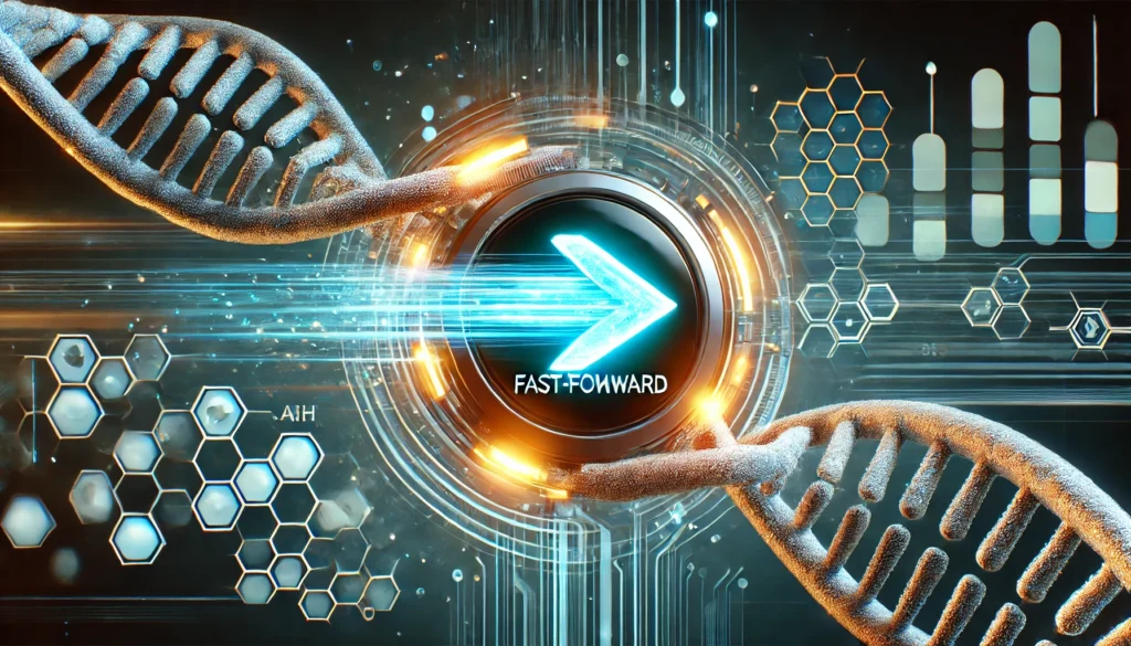 A symbolic image of a glowing fast-forward button integrated into a DNA helix, representing the acceleration of medical breakthroughs. The background features futuristic biotech visuals, emphasizing speed and innovation in drug development.