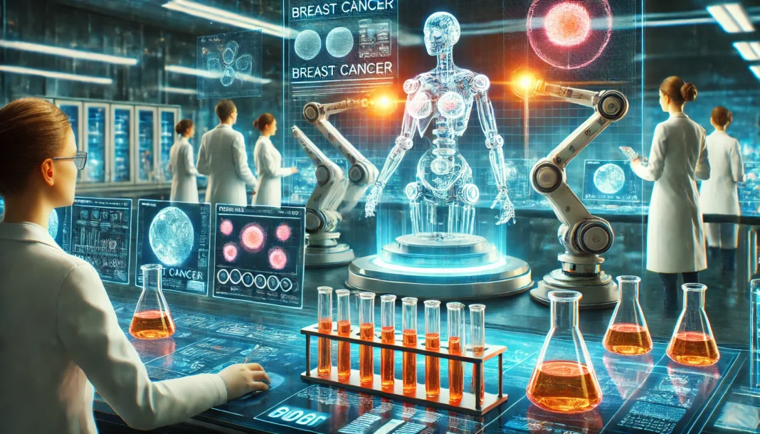 High-tech laboratory with robotic arms handling breast cancer drug vials, scientists analyzing research on holographic screens.