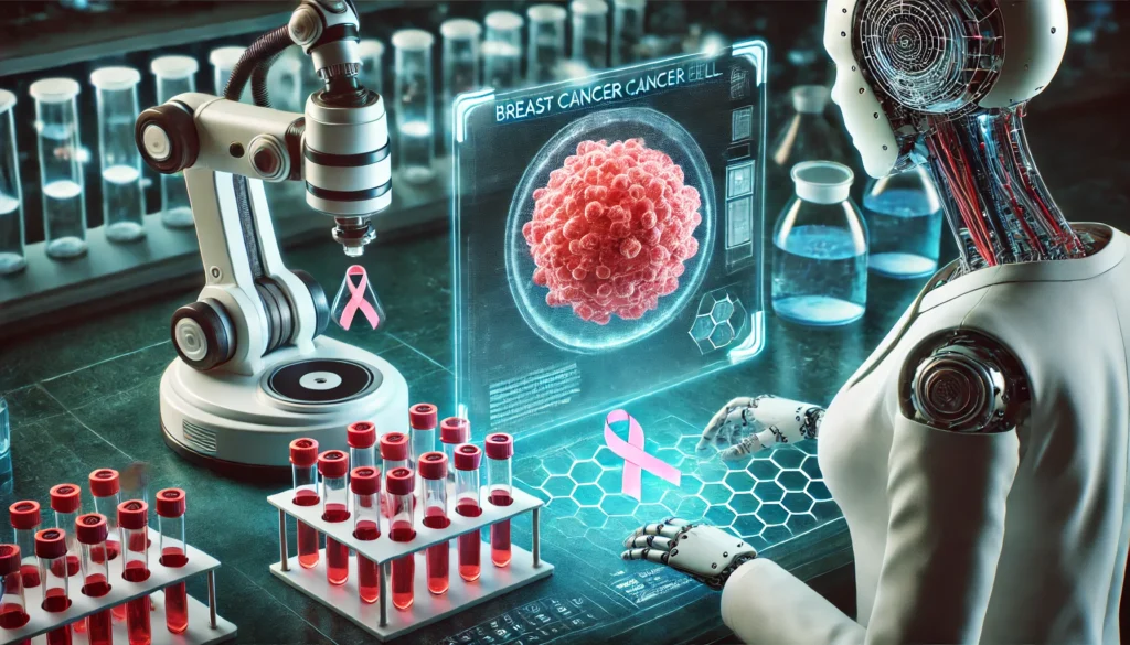 Scientist in a high-tech lab analyzing a 3D model of breast cancer cells on a holographic screen, with robotic dispensers preparing medication.