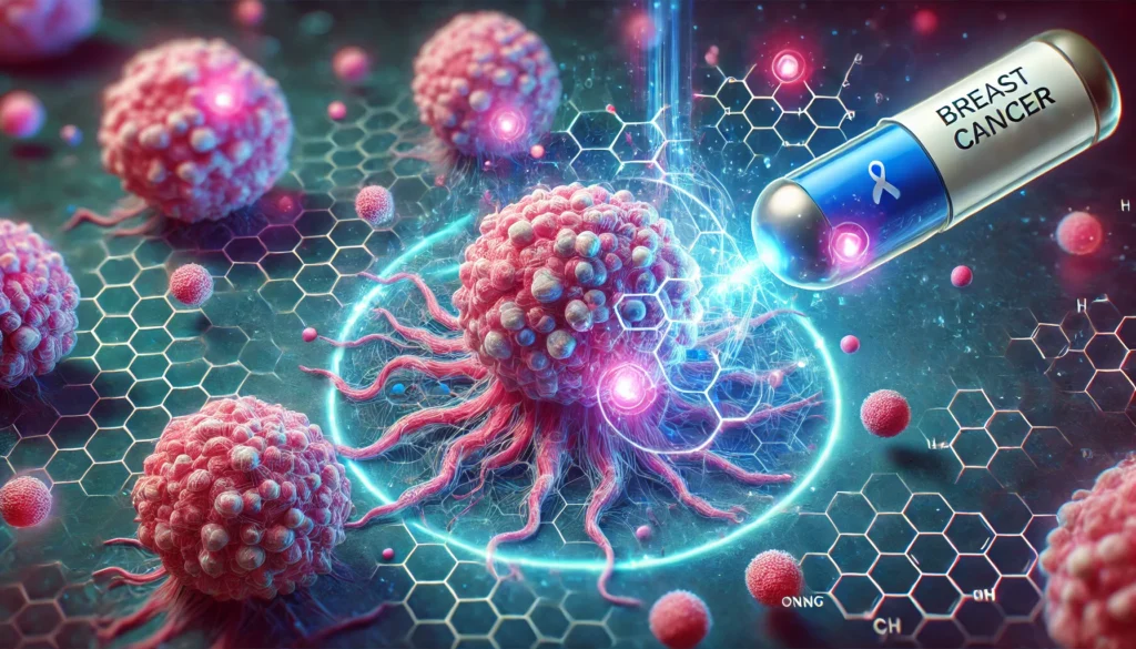 Futuristic visualization of microscopic breast cancer cells being targeted by glowing blue drug molecules, symbolizing precision medicine.
