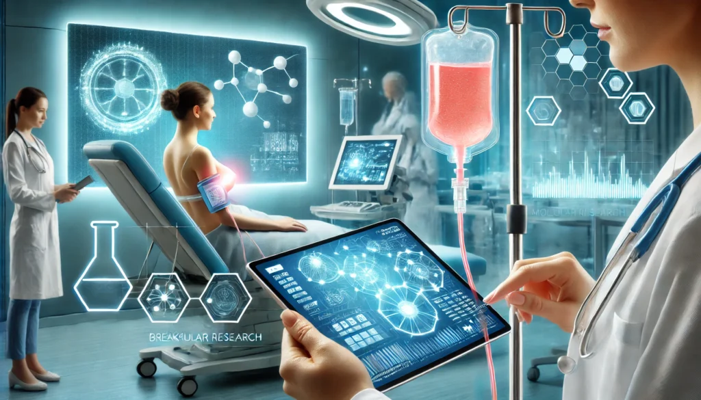 Patient receiving innovative breast cancer treatment through IV, with a doctor monitoring progress using a tablet and molecular research displayed on a screen.