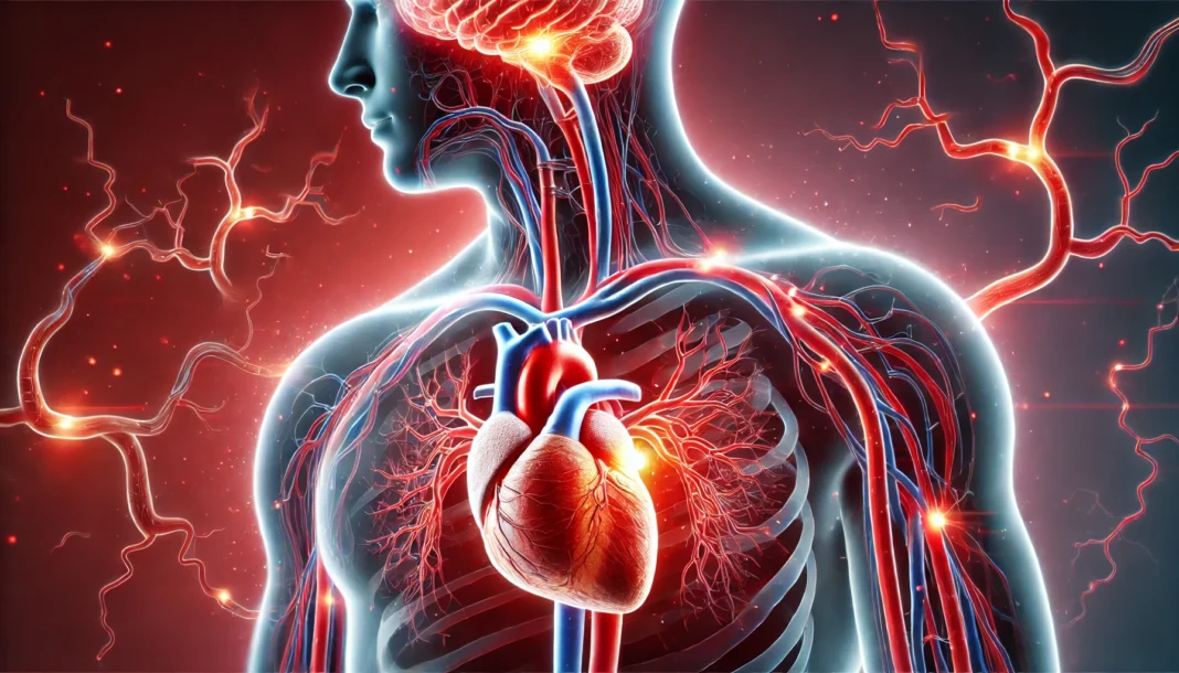A detailed medical illustration of the human circulatory system, highlighting the connection between the heart and brain, with arteries showing partial blockage.