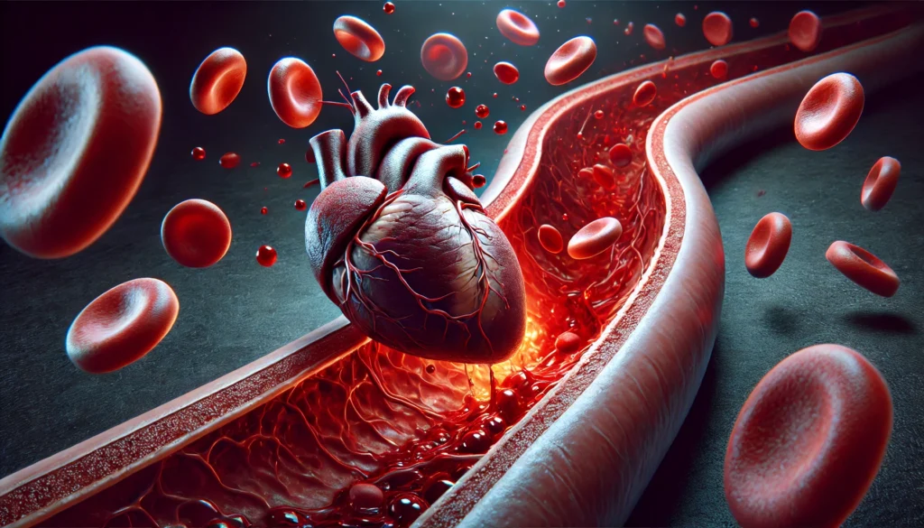 A realistic 3D rendering of a clogged artery with a forming blood clot, symbolizing stroke risk due to heart disease.