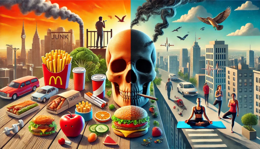 A conceptual split-screen showing an unhealthy lifestyle (junk food, smoking, stress) versus a healthy lifestyle (exercise, nutrition, meditation).