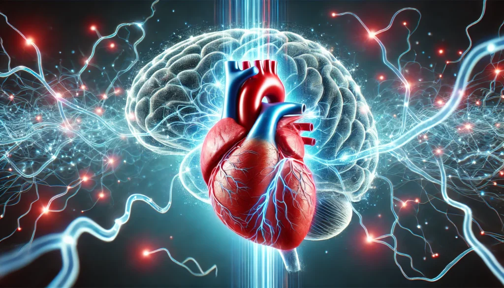 A futuristic digital rendering of a heart and brain interconnected by glowing neural and vascular pathways, symbolizing their interdependence.