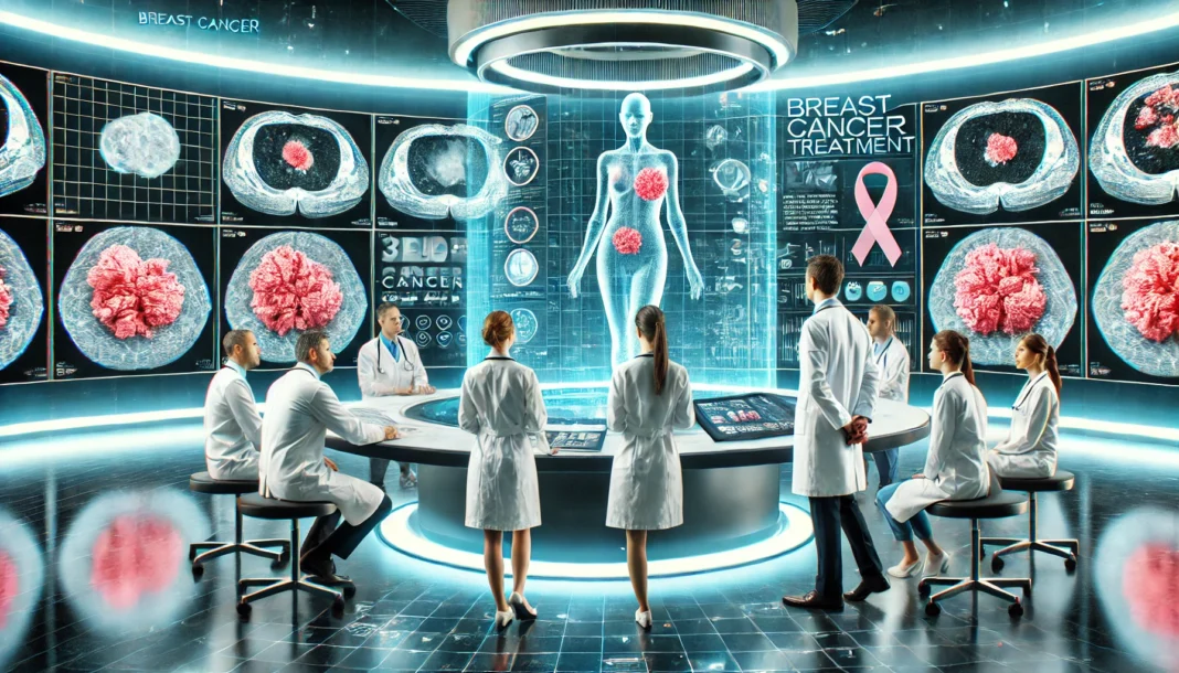 A team of doctors in a modern oncology center discussing revolutionary breast cancer treatments, with a digital screen displaying 3D tumor scans and personalized therapy options.
