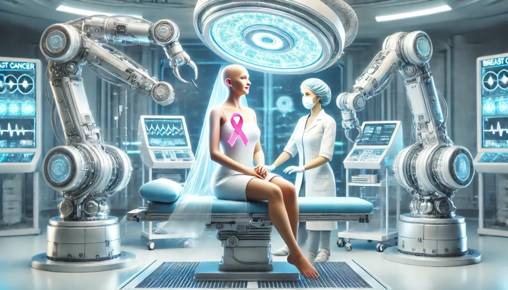 A hopeful scene of a breast cancer survivor receiving an innovative treatment in a futuristic medical facility, with advanced robotic arms assisting doctors in a serene and optimistic atmosphere.