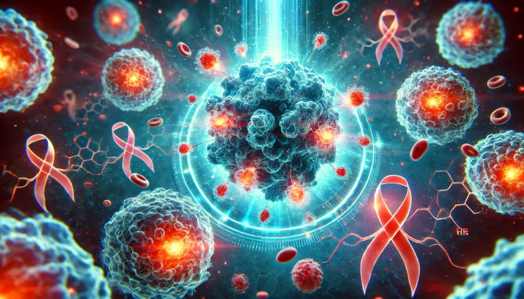 A futuristic visualization of breast cancer immunotherapy, showing microscopic immune cells attacking and destroying cancer cells in a glowing, high-tech style with a deep medical blue background symbolizing scientific advancement.
