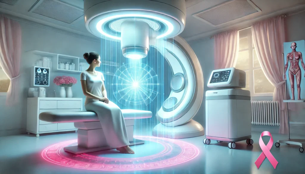 A modern breast cancer treatment room with a patient receiving non-invasive therapy using an advanced medical device, bathed in soft blue and pink lighting to represent healing and hope.